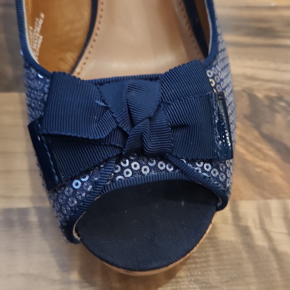 Sperry Navy Sequin Slingback Cork Wedges with Bow - Picture 7 of 12